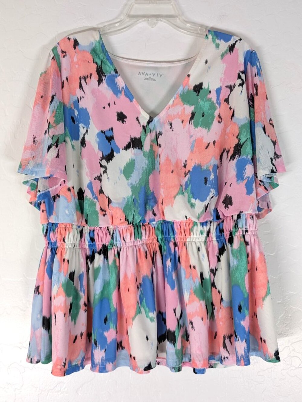 AVA VIV Blouse 2X Multicolor Floral Stretch Waist Boho Hippie Lined Short Sleeve
